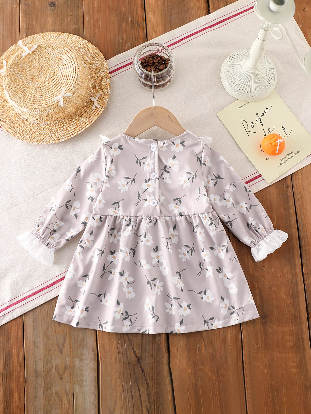 Baby Girl's Romantic Floral Embroidery Round Neck Long Sleeve Dress Autumn Lace Trim Girls' Dress Without Hat