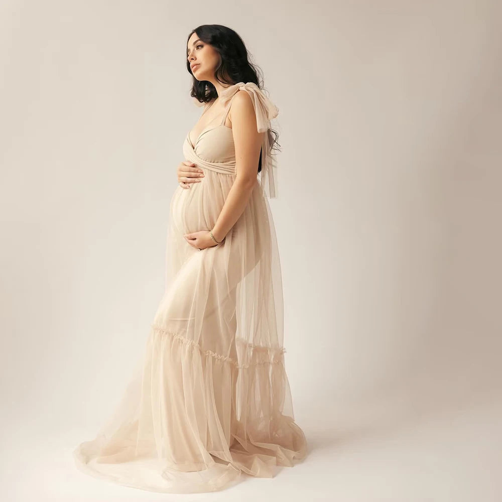 Maternity Summer Photography Dress Sleeveless Off Shoulder Soft Tulle Women Pregnancy Gown for Baby Shower Photoshoot