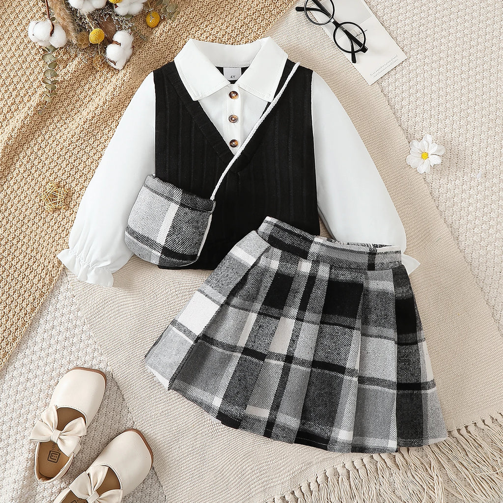 Girls' Set Lapel Splicing Long Sleeve+Checkered Skirt+Mini Bag 3Pcs/Set for 4-7 Year Old Girls' Spring and Autumn Fashion Set