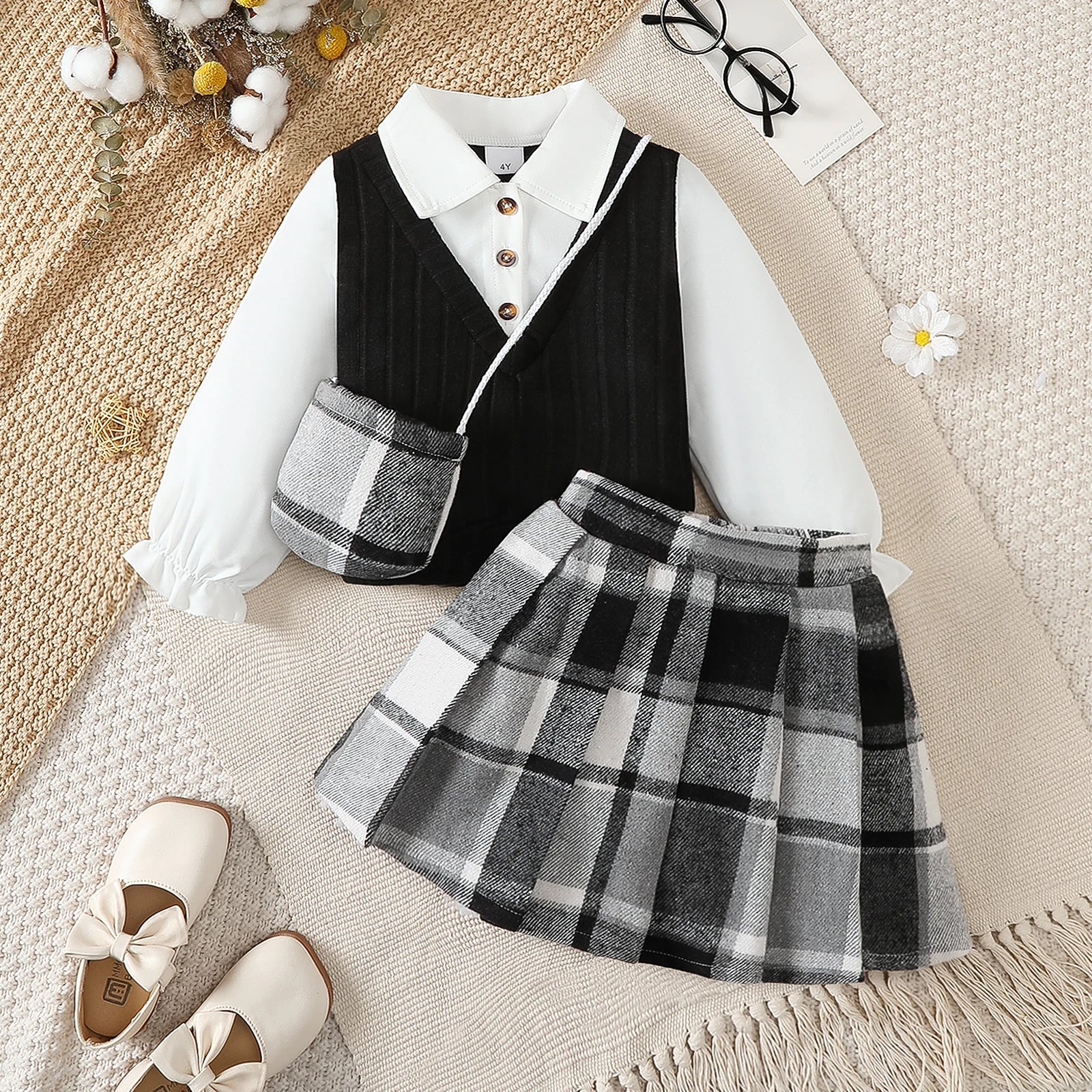 Girls' Set Lapel Splicing Long Sleeve+Checkered Skirt+Mini Bag 3Pcs/Set for 4-7 Year Old Girls' Spring and Autumn Fashion Set