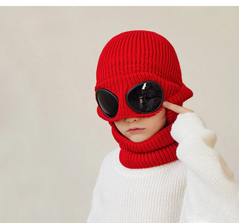 Skiing Children Winter Hat Scarf Set Knitted Kids Beanie with Goggles Ears Protection Child Bonnet Hats for Girls Boys 4-10Y