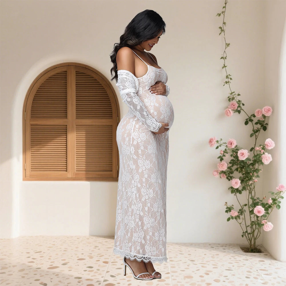 2026 Women's Maternity Long Sleeve Top & Spaghetti Strap Dress 2Pcs Photography Outfits Floral Lace Gown for Baby Shower Party
