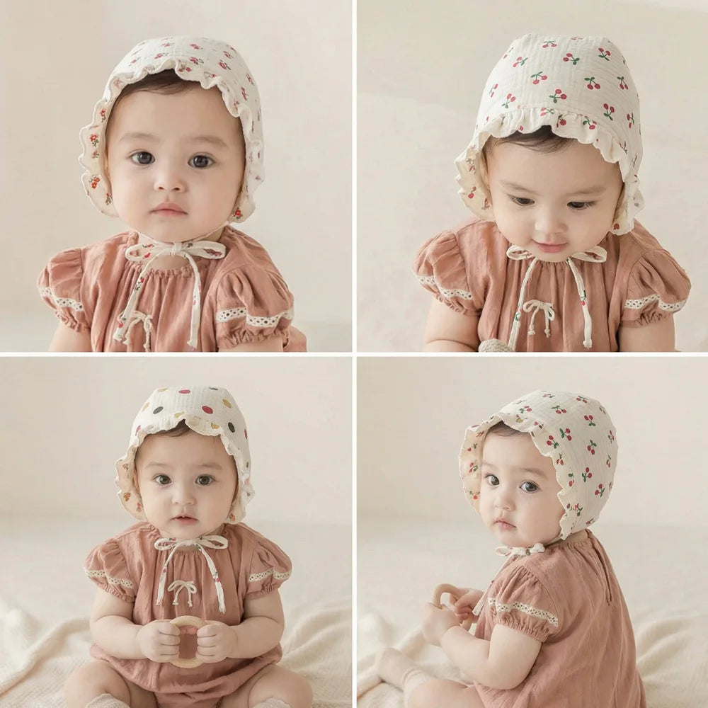 0-12Month Newborn Floral Ear Protection Hat Princess Girl Palace Hats Spring Summer Baby Sunshade Visors Flower Print Infant Cap