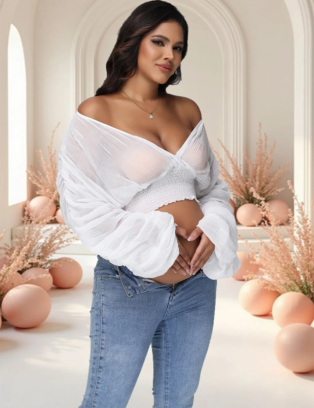Maternity Sexy Drape Chiffon Blouse Elegant V-Neck Puff Long Sleeves Women Cropped Tops for Baby Shower Party Photoshoot