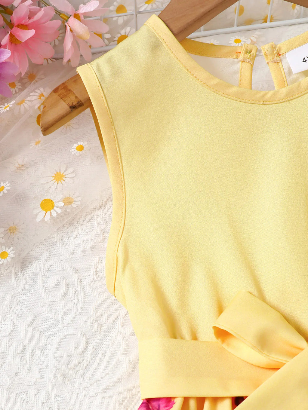 Kid Girls' Summer Dress Round Neck Beautiful Flower Printed Sleeveless Dress+Belt Set 4-7 Year Old Girls' Casual Dress