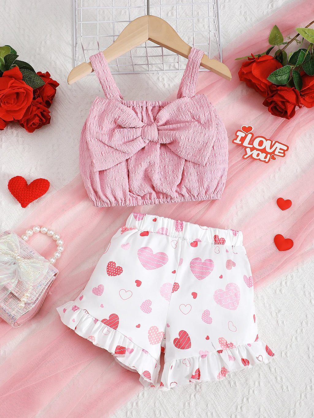 Summer Girls' Set Camisole Bow Top Heart-shaped Printed Shorts Two-piece Set 4-7 Year Girls' Fashion Set Children's clothing