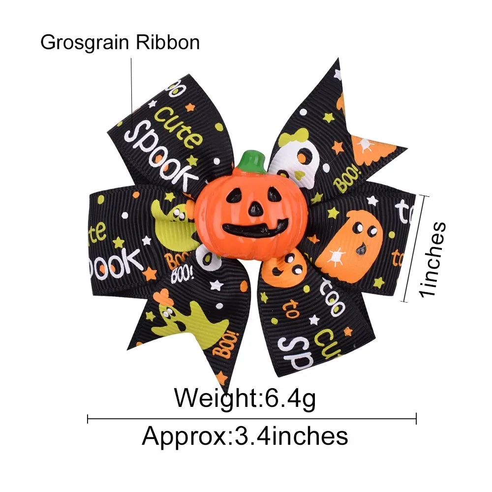 2Pcs/Set Halloween Hair Accessories for Kids Girls - Ribbon Bow Hairpin Ghost Pumpkin Bat Hair Clips for Party Decoration