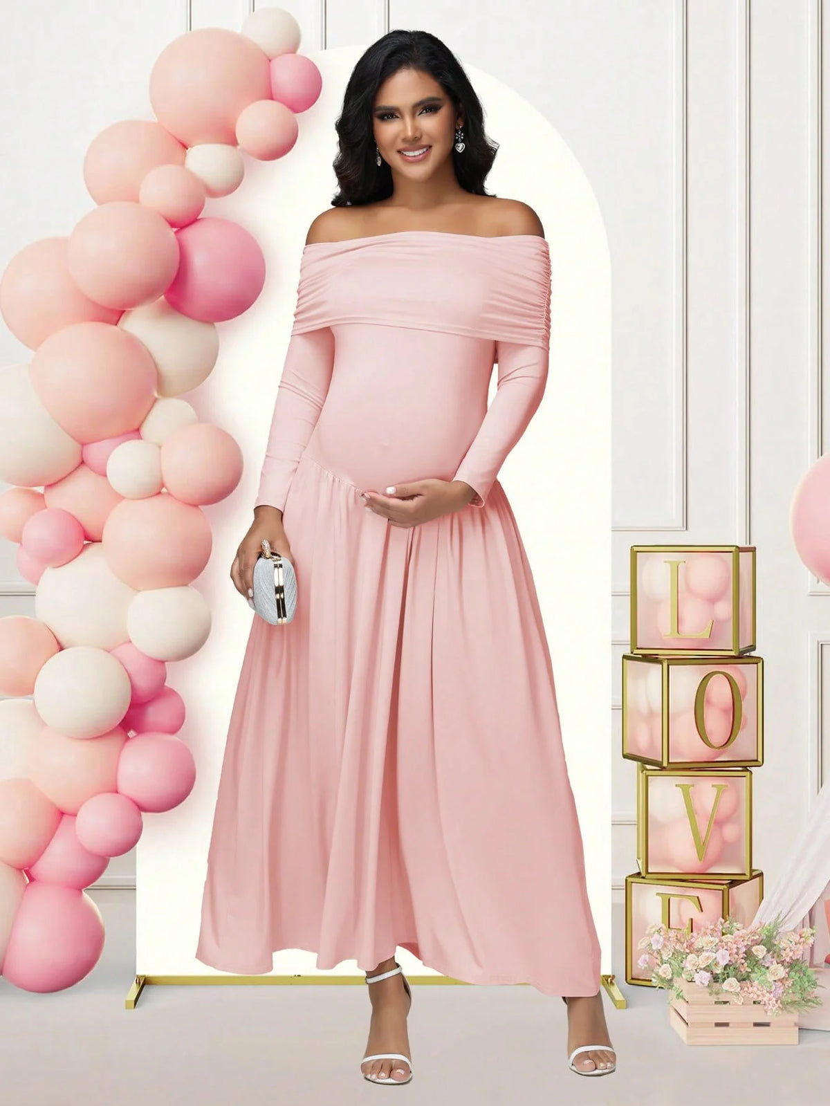 Maternity Elegant Photoshoot Dresses Off Shoulder Long Sleeves Solid Pleated Maternity Dress Baby Shower Style 001