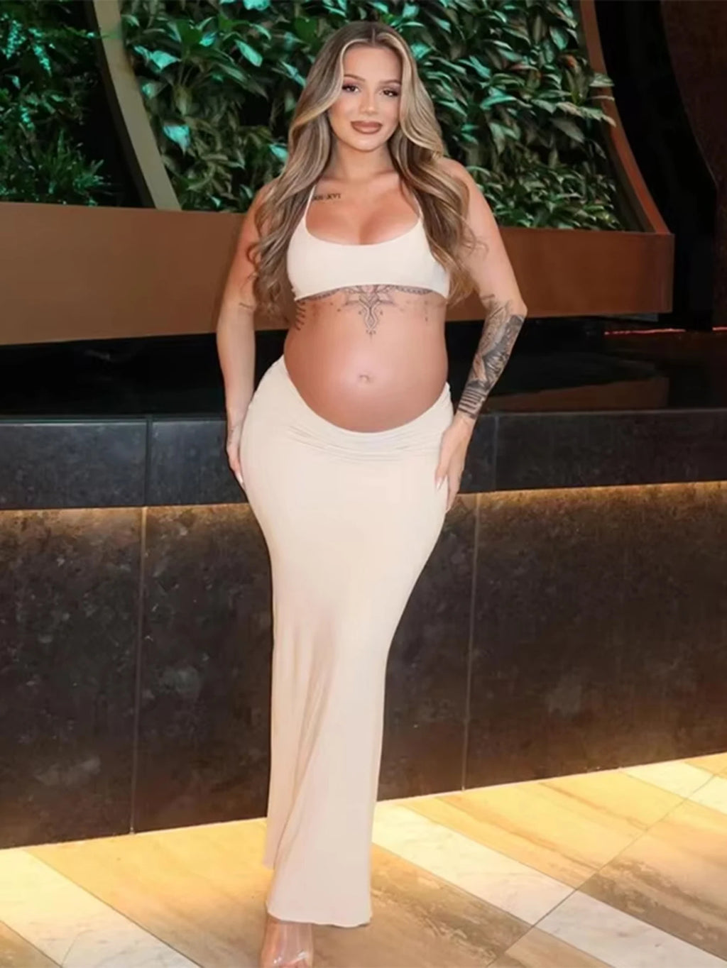 Maternity Summer Photography Dresses Solid Cut Out Waist Open Back Halter Bodycon Long Pregnant Dress For Photoshoot Baby Shower