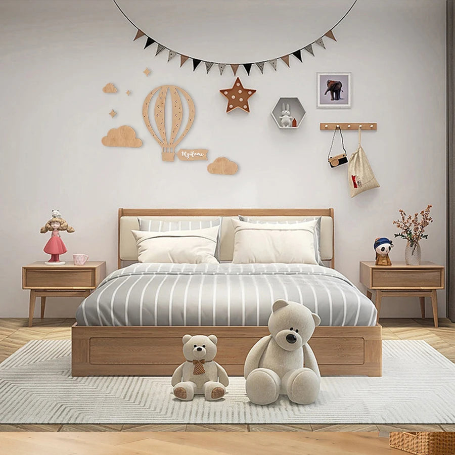 Ins Nordic Style “My Home” Wooden Hot Air Balloon and Cloud Star Wall Stickers, Hot Air Balloon with Hollow Star, Symbolizes Luck, Wall Decoration, Wooden Wall or Game Room Wall Sticker Decoration, Background Decoration,