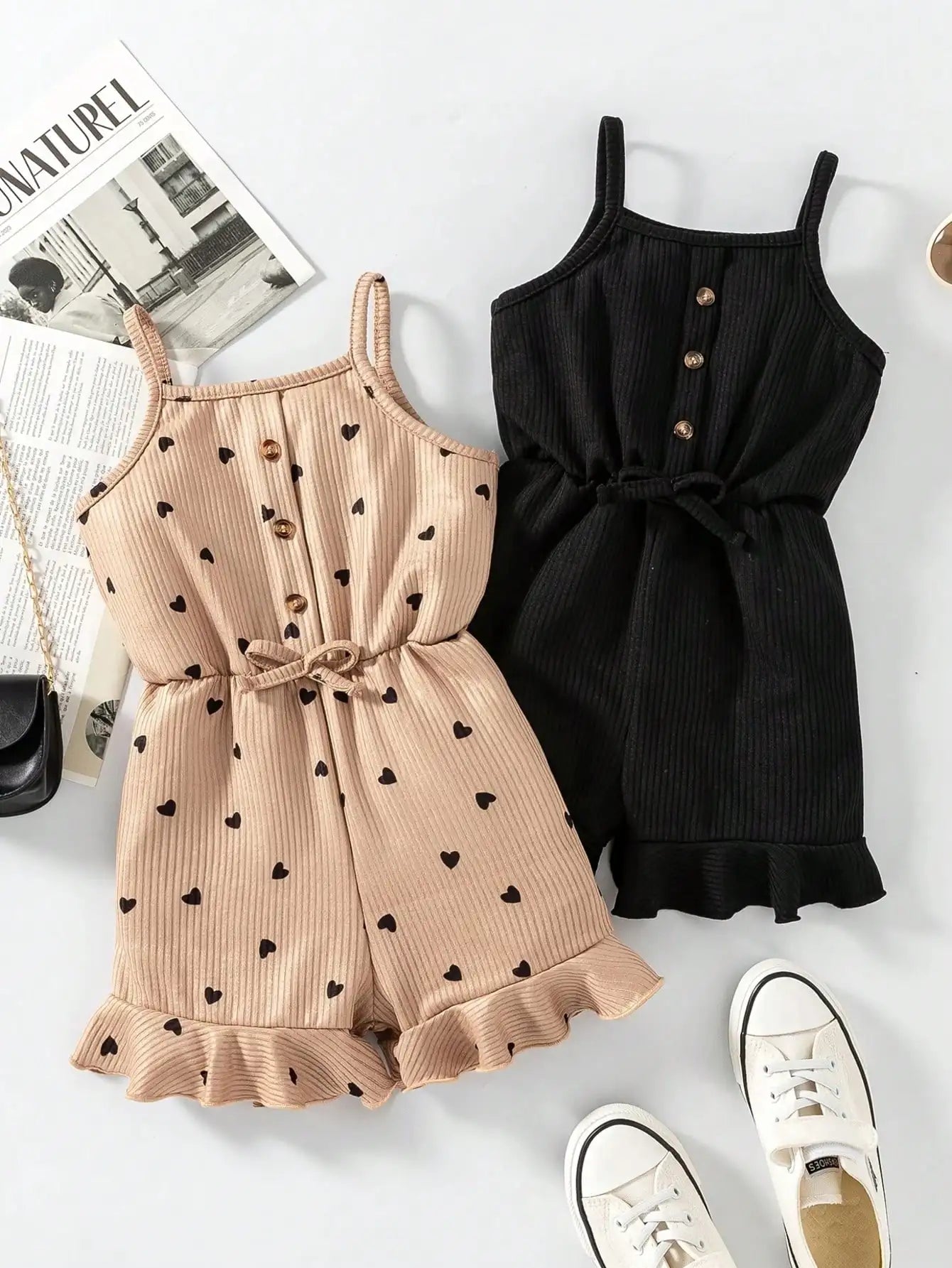 2pcs Girls Casual Summer Button up Heart-Shaped Camisole Jumpsuit Set Two Colors Suitable for Outdoor Travel