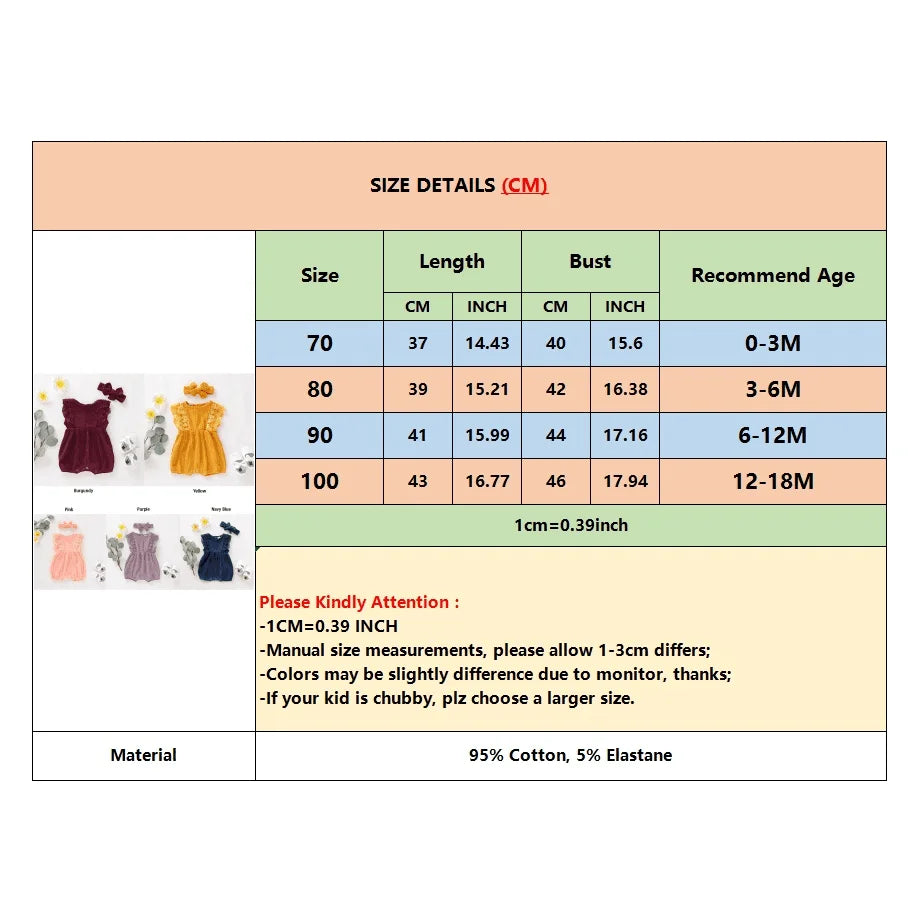 Newborn Baby Girl Solid Round Neck Lace Bodysuit and Headband Suitable for Cute Baby Girls Aged 0-18 Months Summer Bodysuit