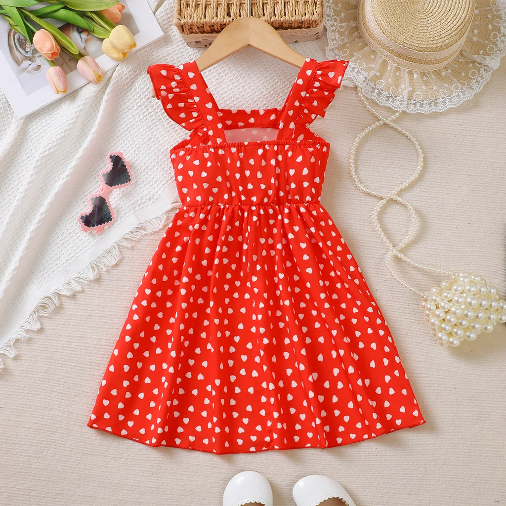 4-7 Year old Girls dress with Ruffled Heart Print and Red suspender dress, Summer Beach Dress sea connection for little girls