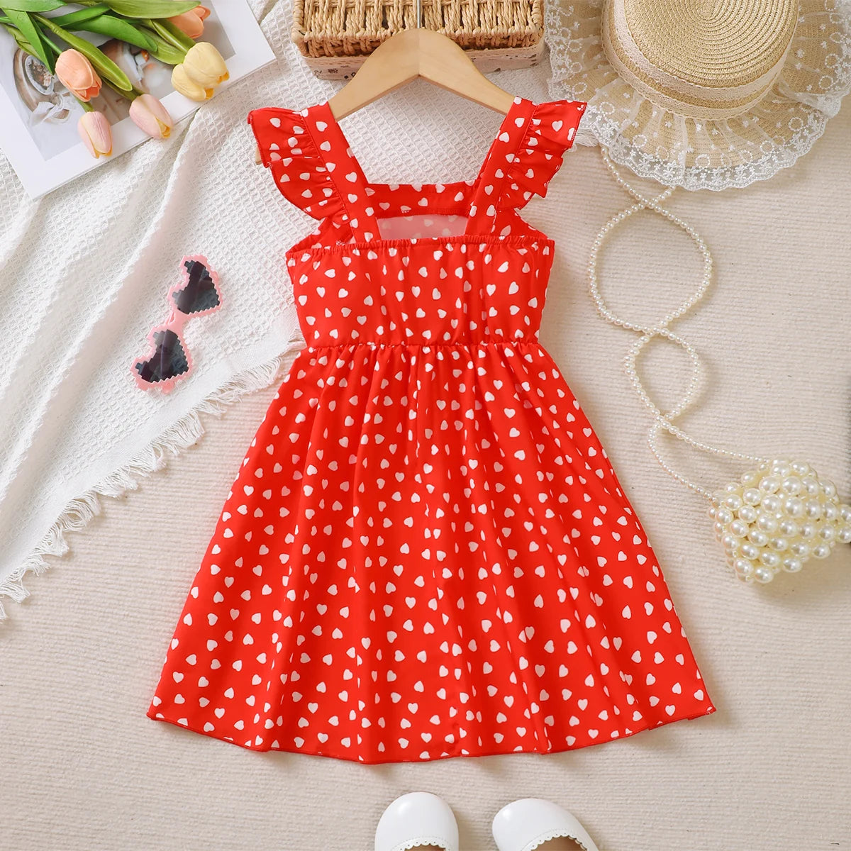 4-7 Year old Girls dress with Ruffled Heart Print and Red suspender dress, Summer Beach Dress sea connection for little girls
