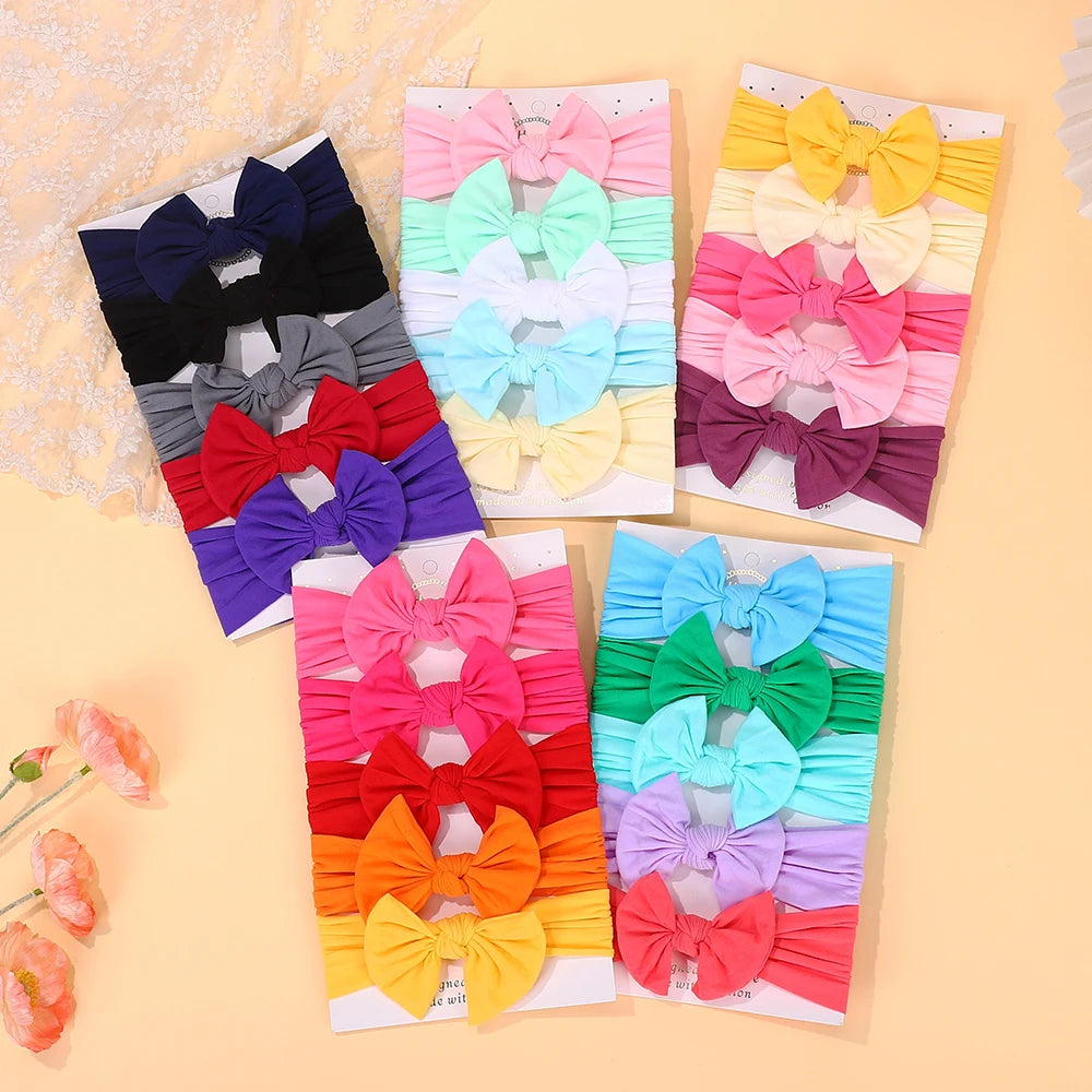 5Pcs/lot Bright Nylon Solid Color Baby Headband Set 3.5inch Bowknot Casual Headties Soft and Non Damaging To Hair