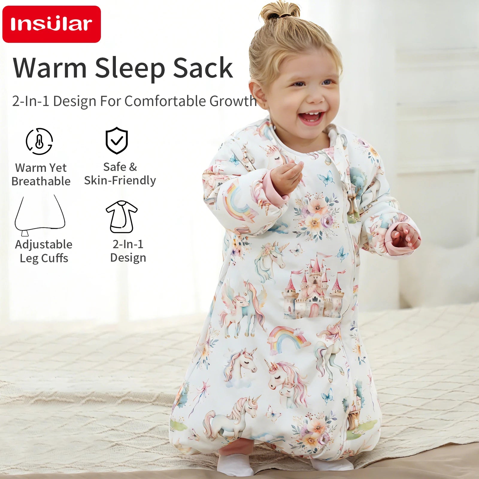 INSULAR Baby Cartoon Split-Leg Sleep Sack with Detachable Sleeves, 100% Cotton Thickened Winter & Autumn Toddler Sleeping Bag