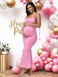 Maternity 3D Floral Decor Straps Summer Dress Photography Backless Bodycon Long Dress for Baby Shower Photoshoot