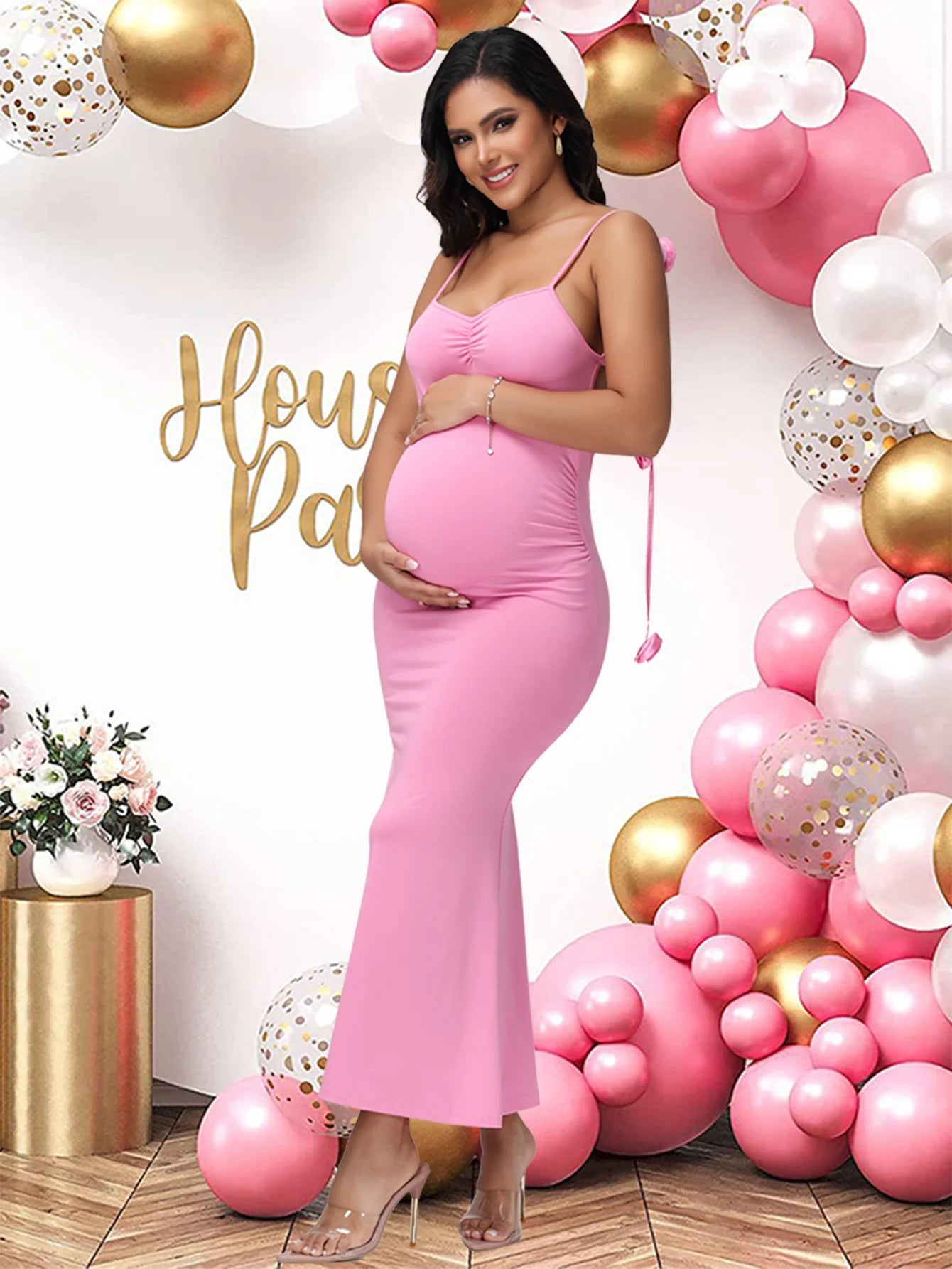 Maternity 3D Floral Decor Straps Summer Dress Photography Backless Bodycon Long Dress for Baby Shower Photoshoot