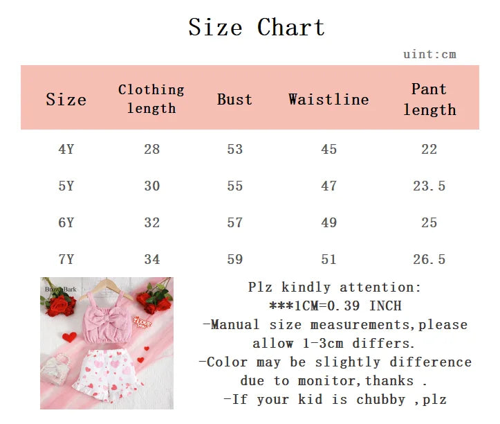 Summer Girls' Set Camisole Bow Top Heart-shaped Printed Shorts Two-piece Set 4-7 Year Girls' Fashion Set Children's clothing