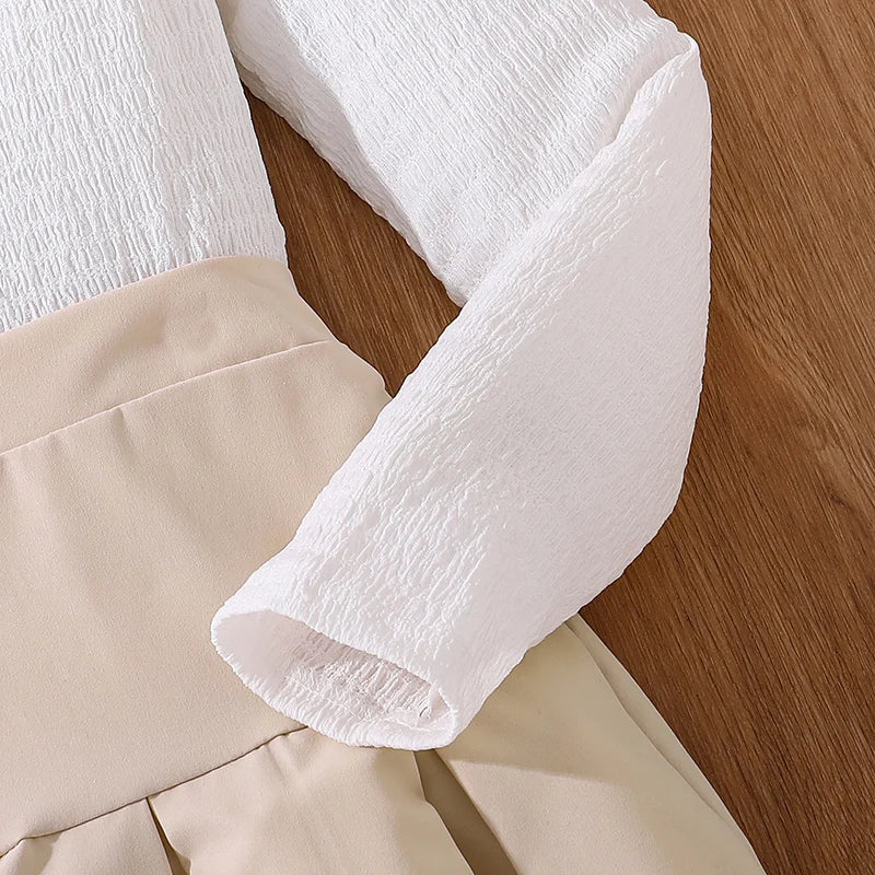 Kids Fashion Clothes Sets For Girls White Long-Sleeved Top And Beige Skirt Elegant Vacation Holiday Party Dress Graduation Suit