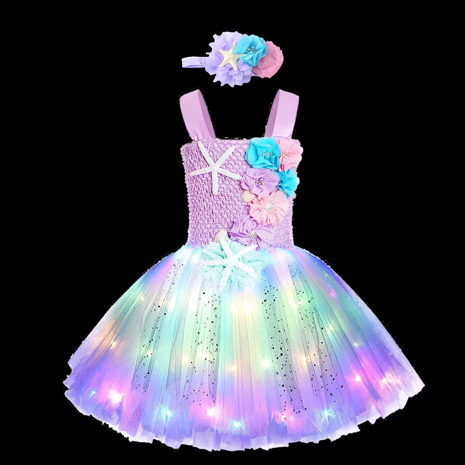 Pricness Girls Mermaid Tutu Dresses with LED Lights Sea Theme Party Starfish Ariel Cosplay Costumes Purple Ball Gown Dress