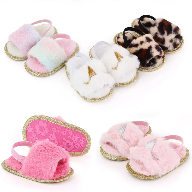 Spring Winter Fashion Multicolor Faux Fur Baby Girl Slipper Non-slip Newborn Cute Infant Toddler Crib Dress Shoes First Walkers