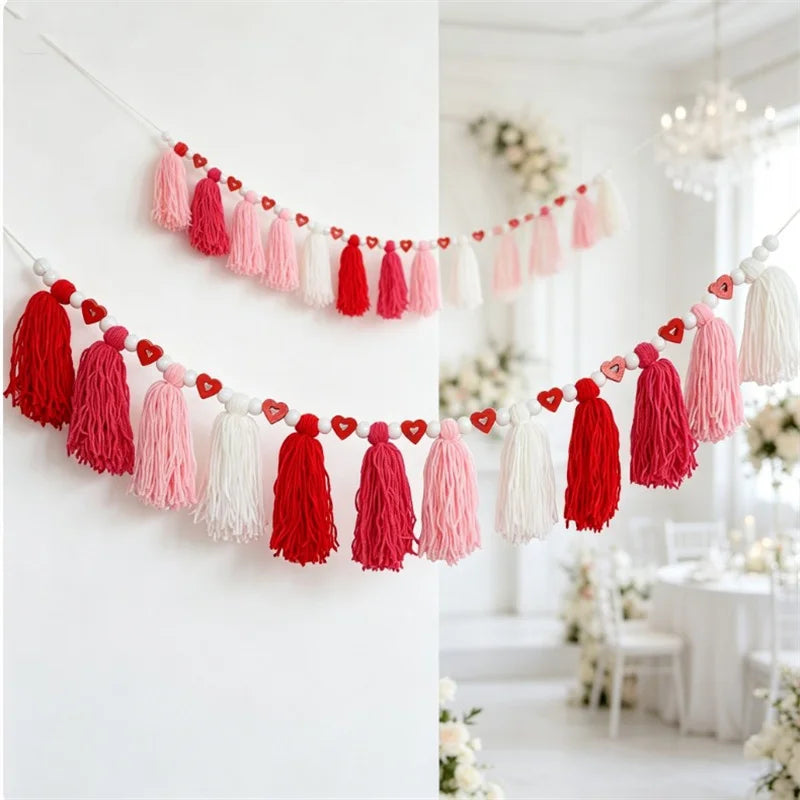 Bohemian Valentine's Day Heart Wooden Bead Tassel Banner Valentine's Day Decoration Tassel Fireplace Decoration Home Decor Hanging Ornament