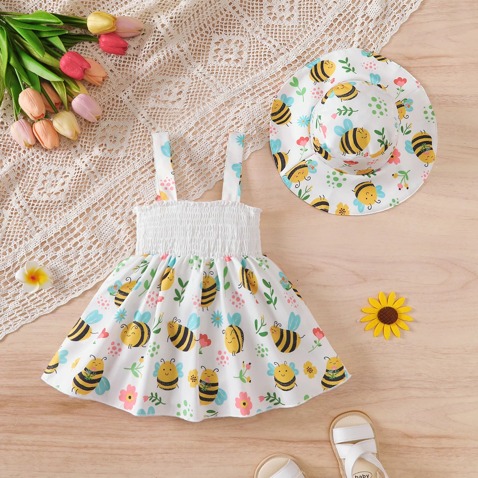 Baby Girl Dress Cartoon Bee Printed Strap Dress+Hat 2Pcs/Set 0-3 Year Old Cute Baby Girl Summer Dress Set Baby clothing