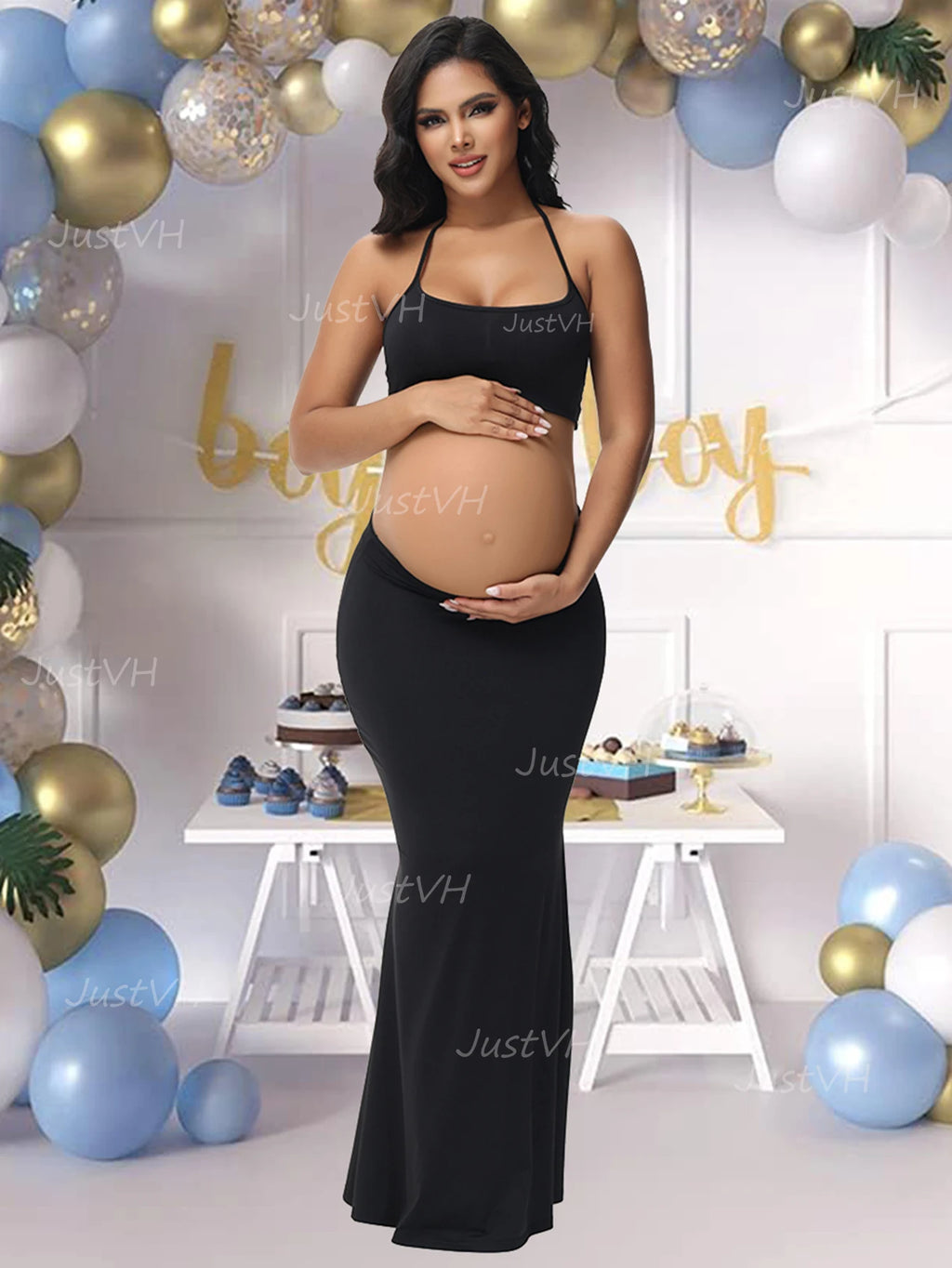 Maternity Summer Photography Dresses Solid Cut Out Waist Open Back Halter Bodycon Long Pregnant Dress For Photoshoot Baby Shower