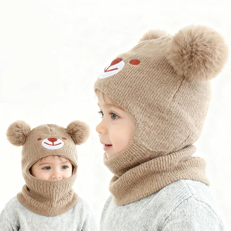 Children Pom-Pom Balaclava Cute Bear Scarf One-Piece Hat Winter Warm Kids Hooded Beanies 1-2Year Baby Knitted Ear Protection Cap