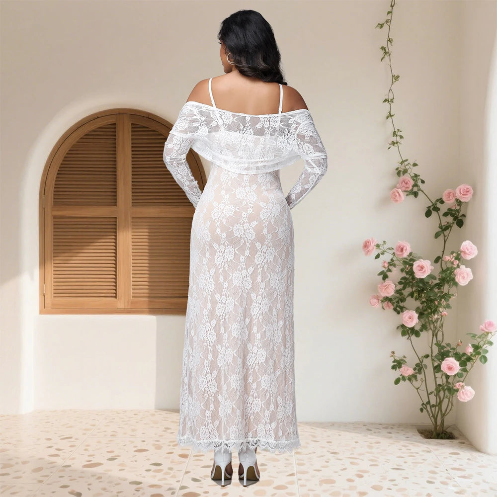 2026 Women's Maternity Long Sleeve Top & Spaghetti Strap Dress 2Pcs Photography Outfits Floral Lace Gown for Baby Shower Party