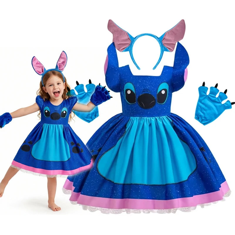 Disney Movie Stitch Costume Sets Girls Cosplay Cartoon Cute Princess Dress Stage Performance Purim Carnival Kids Dress