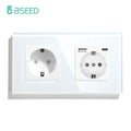 BSEED Double Socket EU Socket EU Standard Wall Socket 3 Colors White Black Gloden Crystal Glass Panel 16A 110V-240V