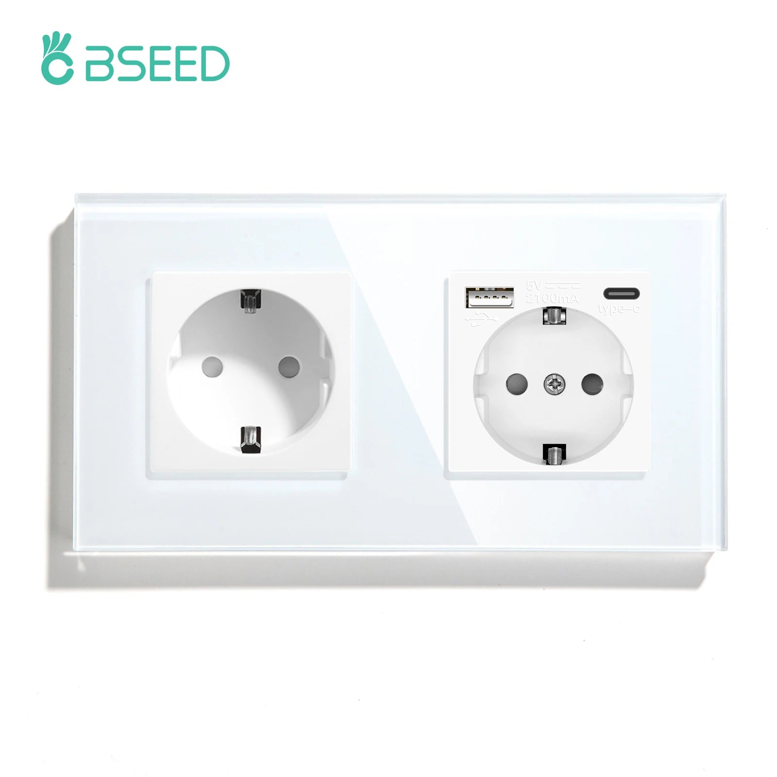 BSEED Double Socket EU Socket EU Standard Wall Socket 3 Colors White Black Gloden Crystal Glass Panel 16A 110V-240V