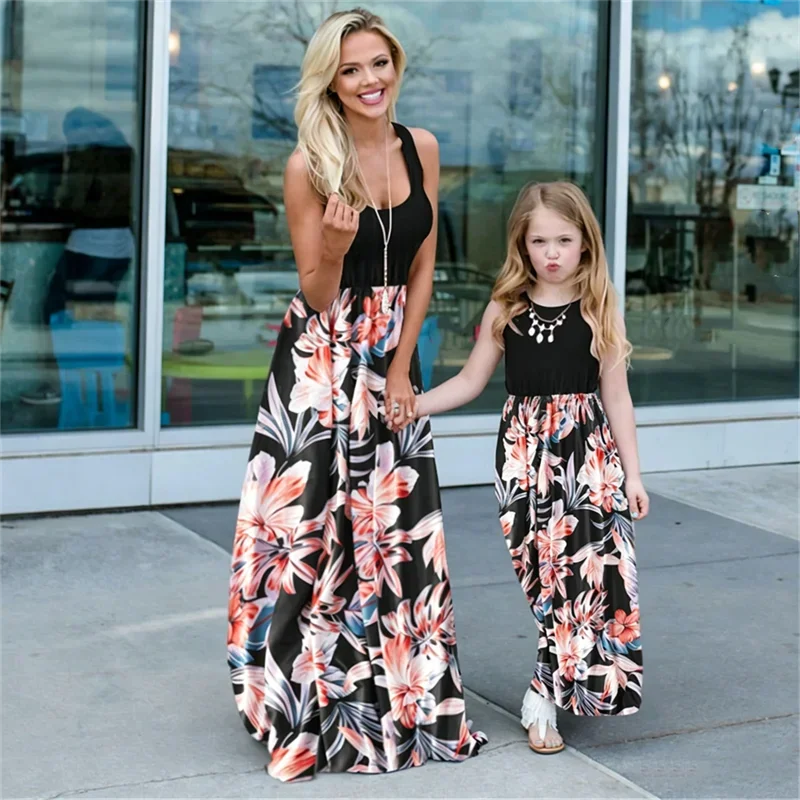 Summer Boho Maxi Dress Women Family Matching Outfits Children's Clothing Girls Dresses Vestido Mother Daughter Dress Baby Romper