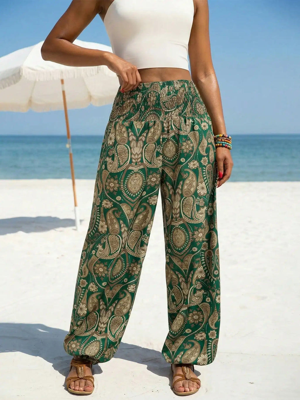 Women's Dressy Capris with Green Paisley Print Smocked Waist Wide Leg for Bohemian Beach Casual Wear