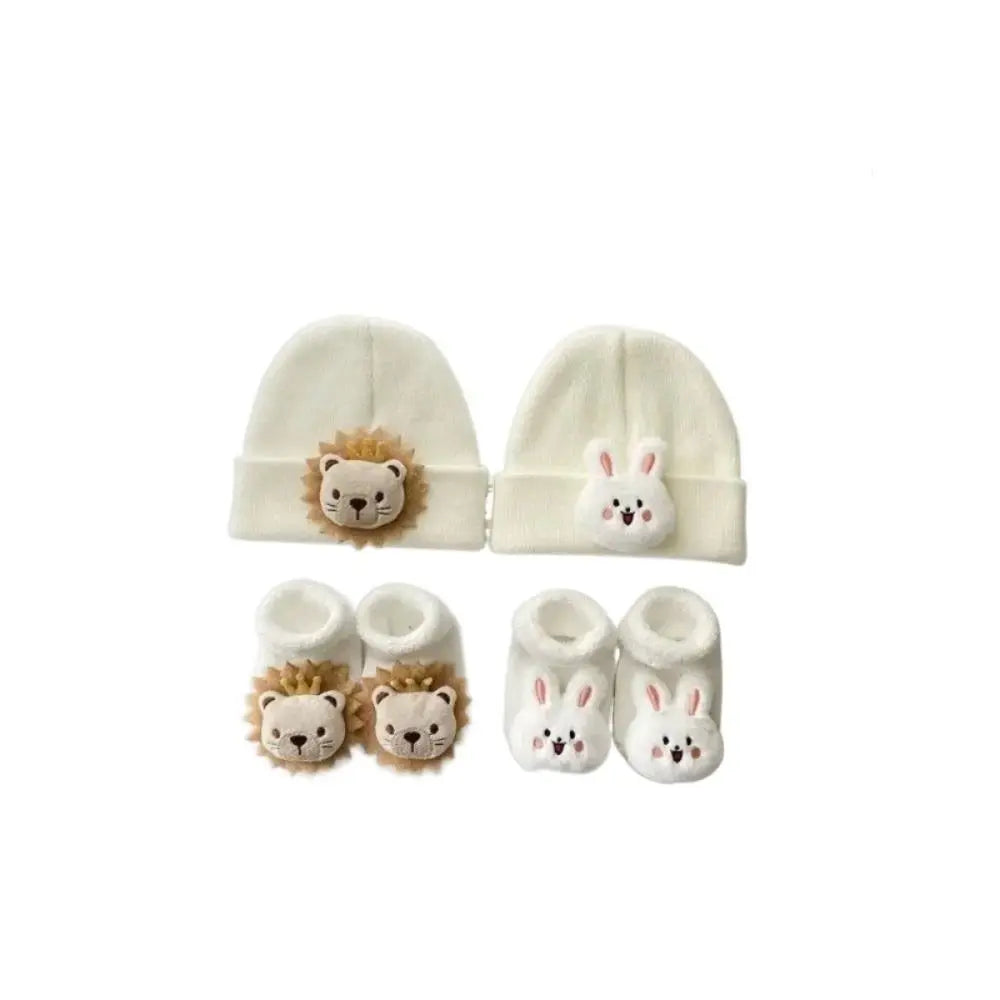 2PCS/Set New Cartoon Baby Hat Socks Cute Animal Woolen Warm Pullover Hats Winter Knitted Beanies Newborn Short Socks Boy Girl