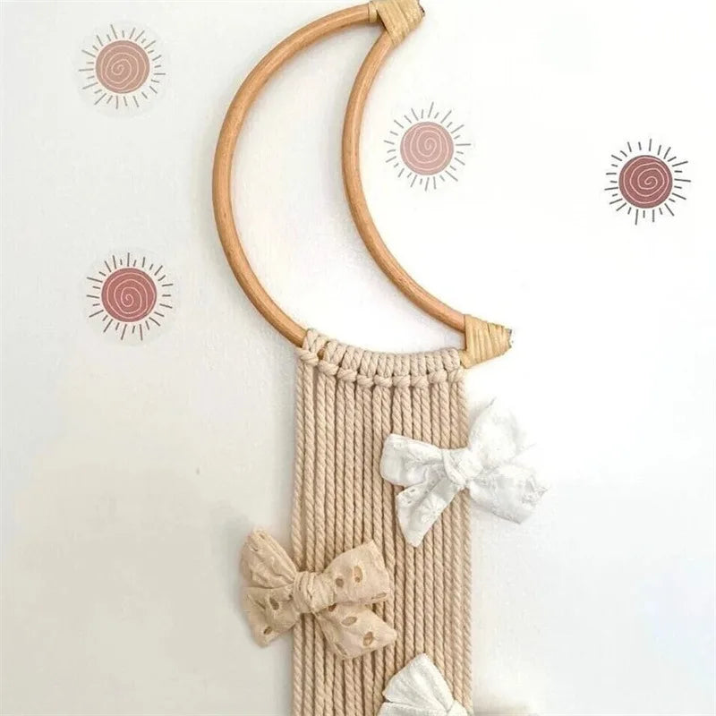 Ns Nordic Rattan Moon Hairpin Storage with Princess Headband Jewelry Organizer Hanging Decoration for Home Room
