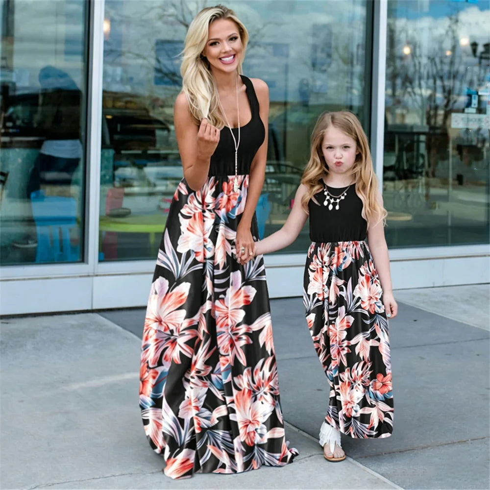 Summer Boho Maxi Dress Women Family Matching Outfits Children's Clothing Girls Dresses Vestido Mother Daughter Dress Baby Romper