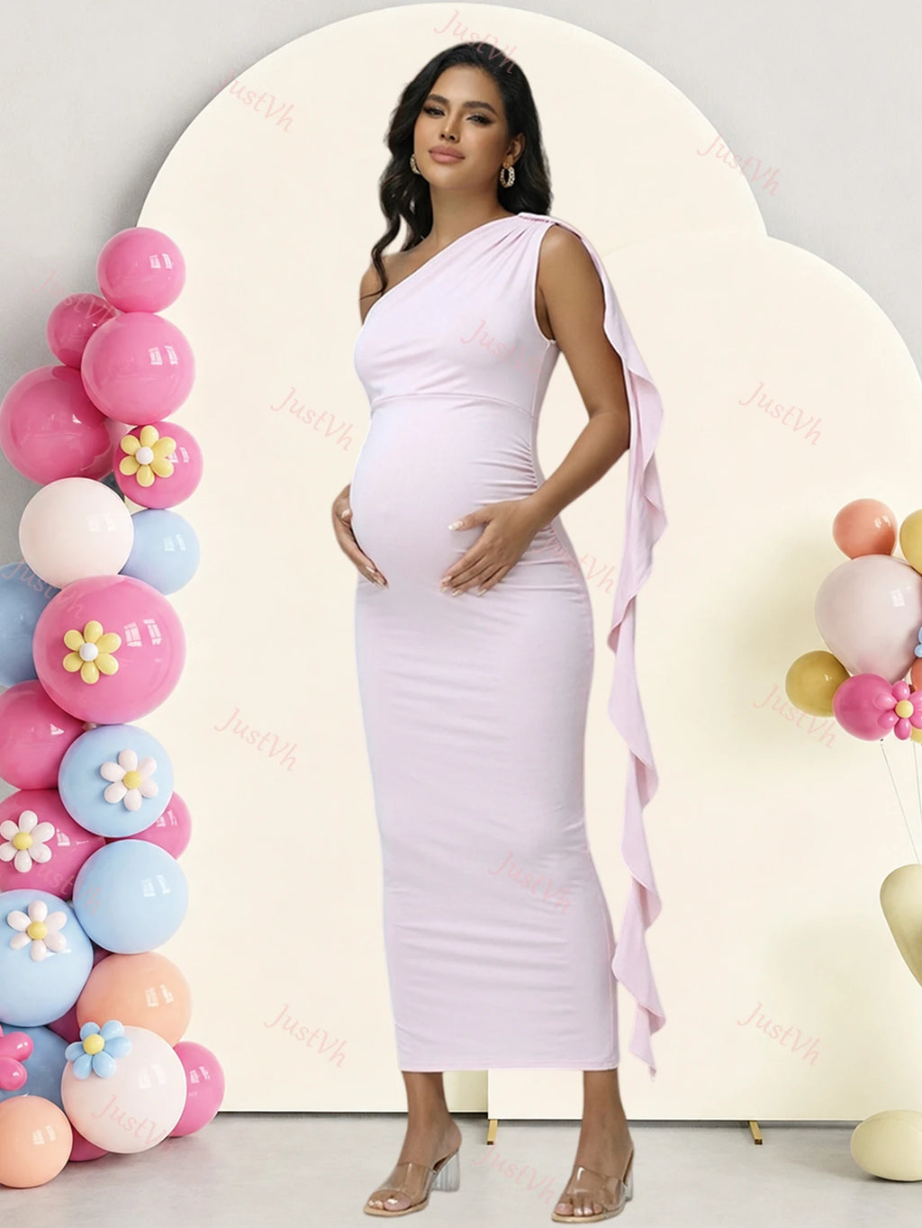 Maternity One Shoulder Ruffle Drape Baby Shower Dress Elegant Fitted Party Long Gown for Photoshoot