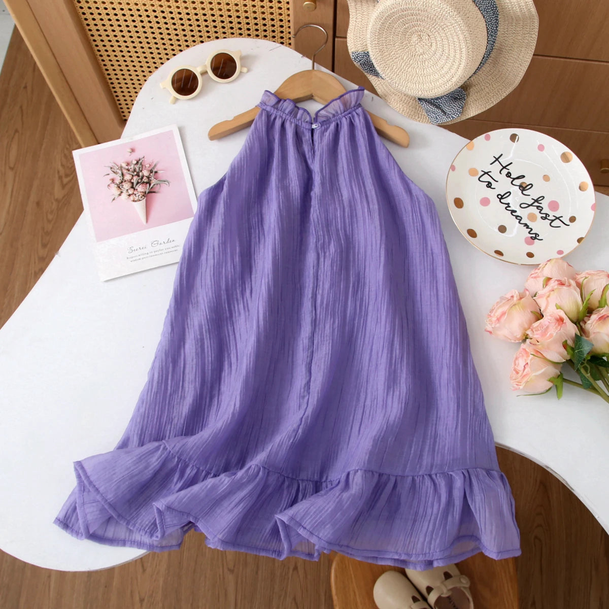 Humor Bear Summer Girl's Dress Solid color retro-style halter sleeveless Fashion Princess Dress Casual Dresses For Girls