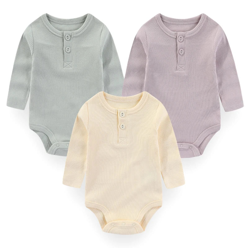 Brand 3-Piece Solid Color Baby Unisex Bodysuits Long Sleeve Newborn Rompers 0-24 Months Four Seasons Infant Clothes