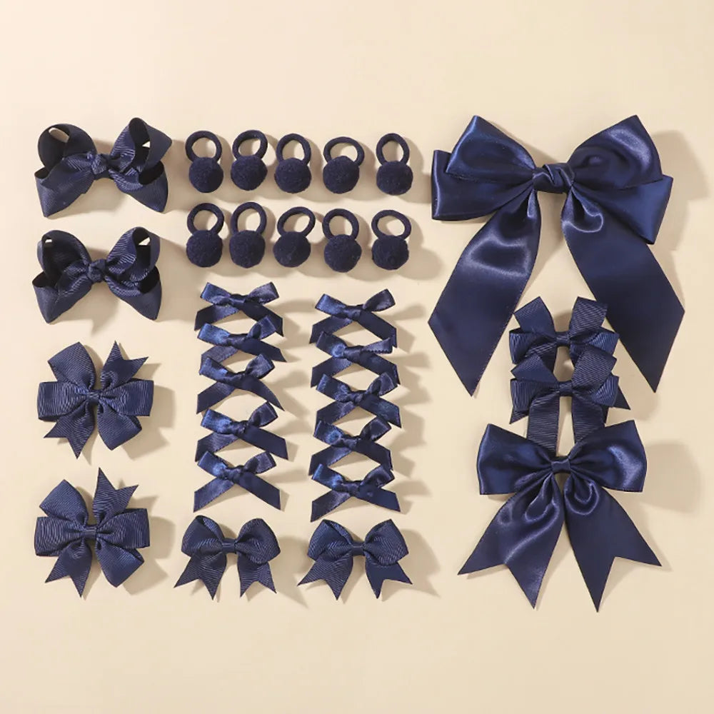30Pcs/set Back To School Hair Bows Clip Hairband Set for Girls Navyblue White Ribbon Hair Clips Hair Rope Kids Hair Accessories