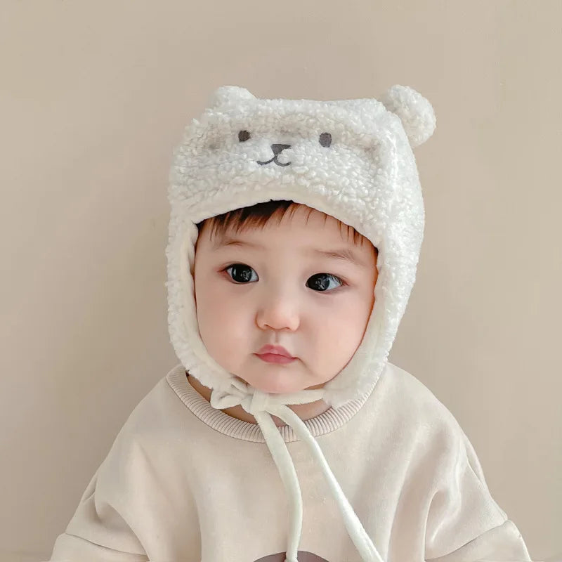 Bear Winter Baby Bonnet Newborn Hat with Earflap Thick Warm Lamb Wool Toddler Hats Infant Beanie Baby Girl Boy Cap 0-12M