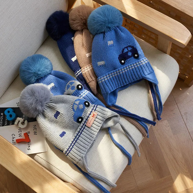 Winter Baby Boy Hat with Earflap Fur Ball Knitted Kids Beanie Caps Toddler Bonnet Hats Infant Accessories Fleece Lining 1-4Y