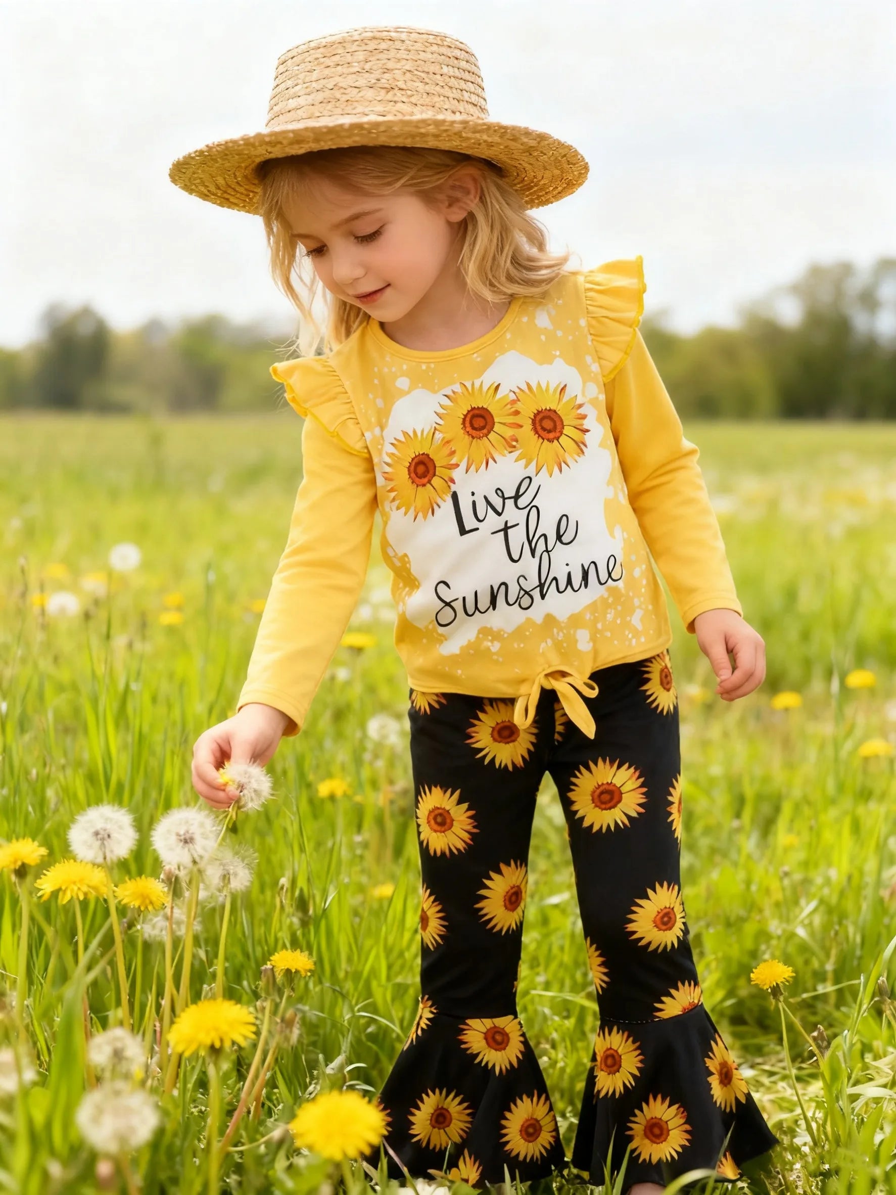 Children's clothing Girl Set Sunflower Print Top+Flared Long sleeved Two-piece Set for 4-7 Year old girls in Spring Autumn Set