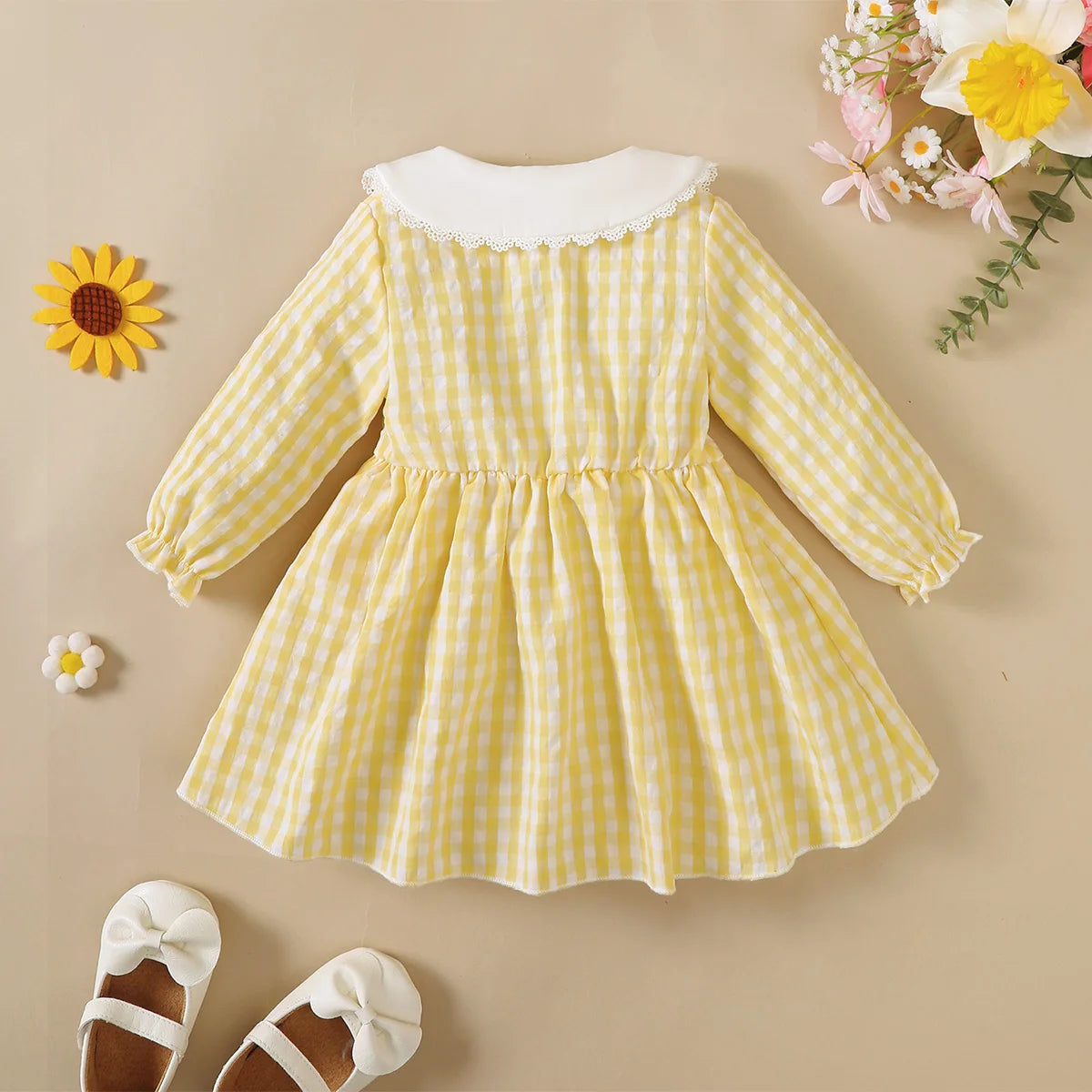 0-3 Year Cute Baby girl Dress Lace Border Doll Collar Yellow Checkered Dress for Toddlers Autumn Dress for Outdoor activities