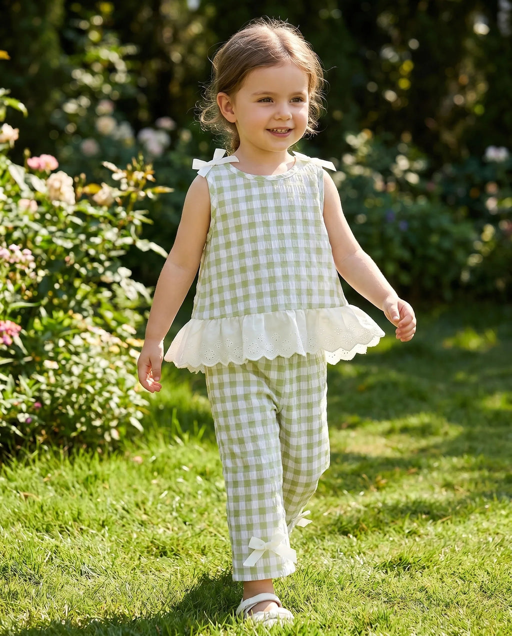 2pcs Summer Baby Girls Green Gingham Lace Trim Set, Cute Bow Top + Pants, Sweet Style, Daily/Outdoor Wear, 0-2Y, Breathable Fabr
