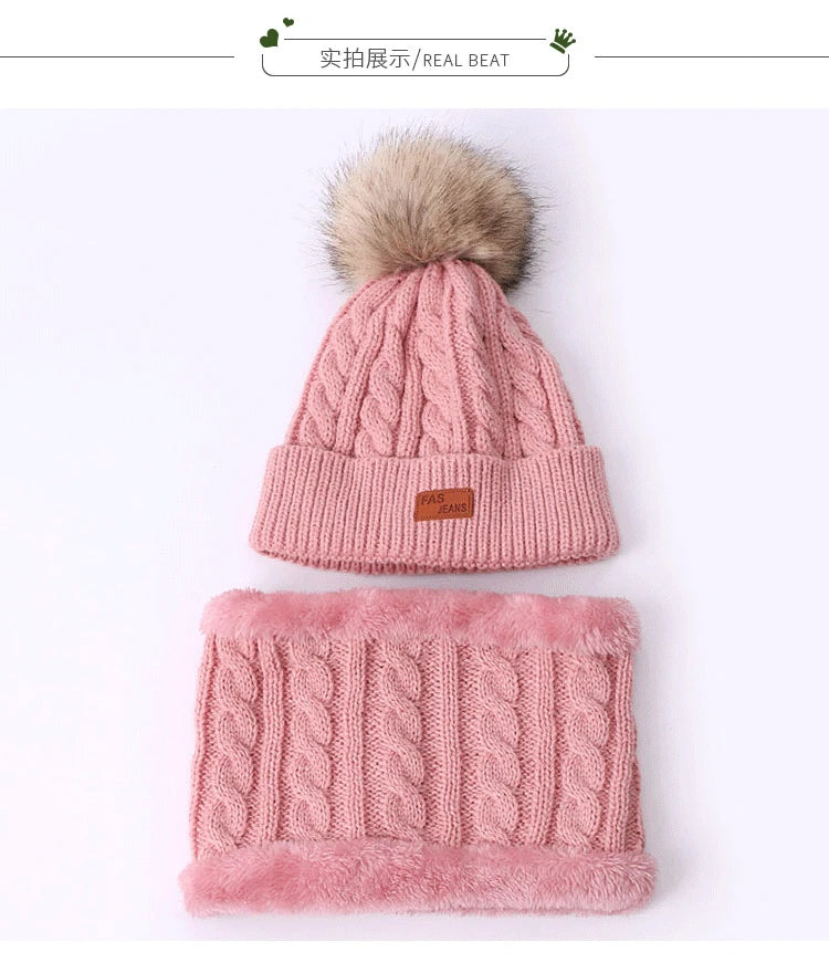 Winter Children's Scarf Hat Three-Piece Set with Pom-Pom Baby Infant Knitted Hat Warm Wool Thickened