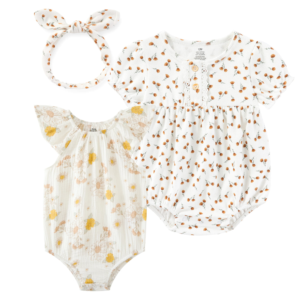 Fashion Cute Baby Girl Bodysuits 3 Pack With Headbands Soft Newborn Short Sleeve 0 24 Months